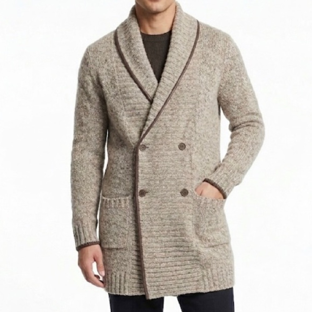 Y2K ROOTS Wool Blend Cardigan S Tan Brown Trim Double Breast Button Shawl Collar